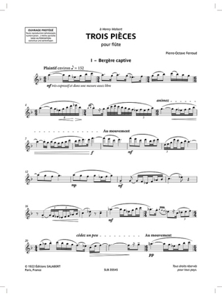 3 Pièces - Flûte Seule - Pierre-Octave Ferroud - Partition